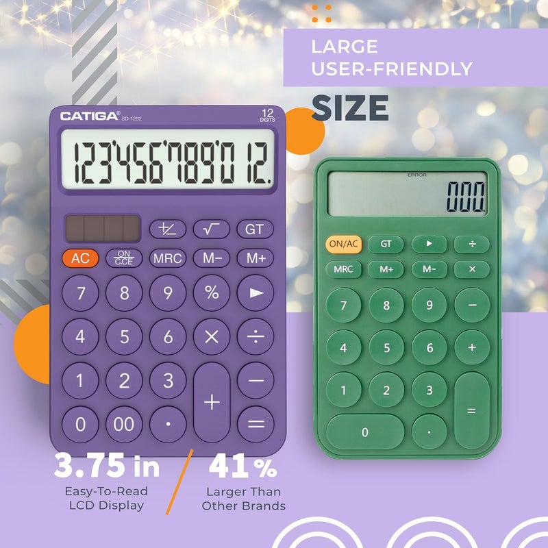 CATIGA 12 Digit Desktop Calculator Basic Desk Calculator with Large LCD Display, Big Buttons, 4 Function, Solar and Battery Dual Power, for Office, School, Home, SD-1292 Purple - Image 3